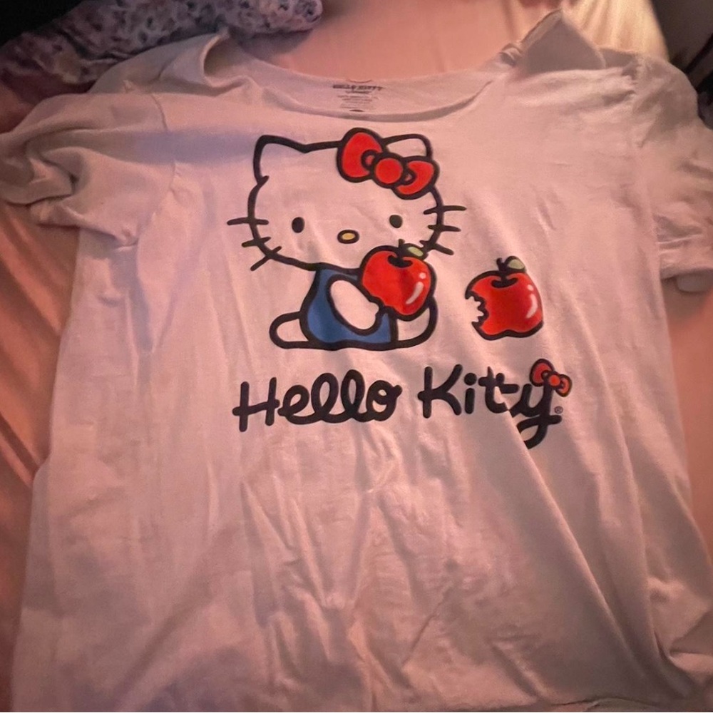 Hello Kitty Off the Shoulder White Tee with Red and Blue Accents